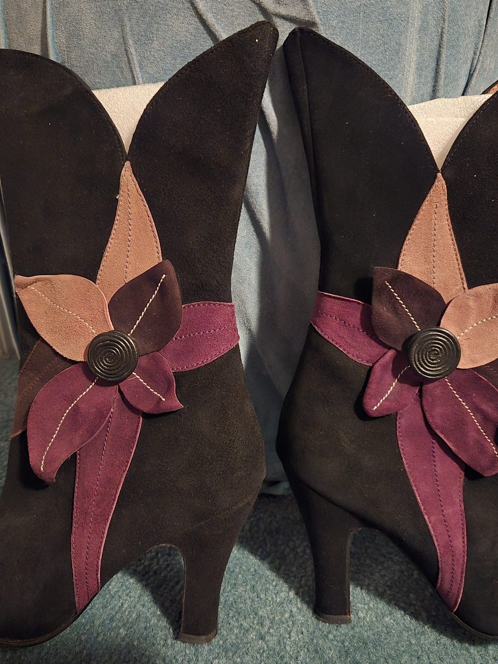 Made In Spain Black Suede Heeled Boots W/ Plum and Taupe Floral Detail 37.5